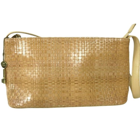 Vintage FOSSIL Tan Woven Leather Shoulder Bag Key Charm Zipper Handbag Purse - Picture 1 of 12